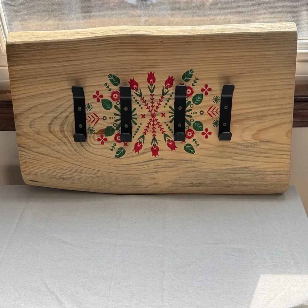 Wooden Wall Hook Rack with Red and Green Floral Design